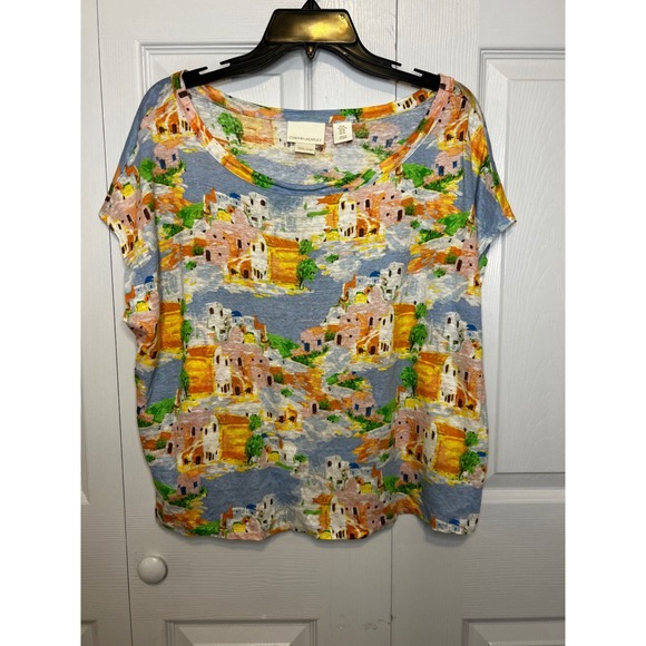 Cynthia Rowley Tops - Cynthia Rowley Womens XL Linen Knit Top Mediterranean Landscape Scenic Print Tee